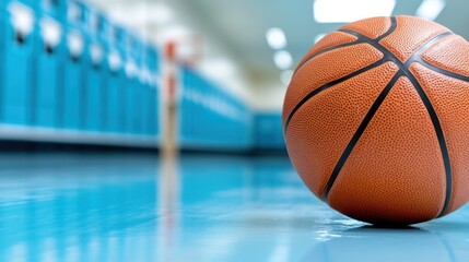 A lone basketball on the blue-tiled floor of an empty locker room, capturing the essence of solitude, anticipation, and the calm before the sporting storm.