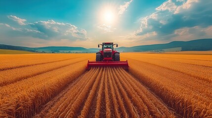 Tractor harvesting golden wheat under a bright sky.