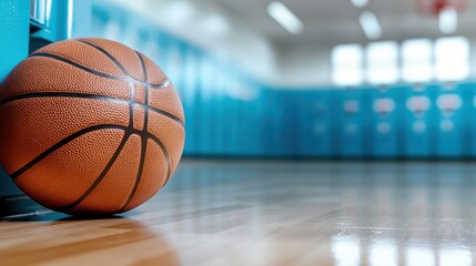 Fototapeta premium A lone basketball rests against lockers in a brightly lit sports hall, symbolizing readiness, contemplation, and potential energy for future sports action.