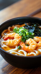 Delicious shrimp udon noodle bowl garnished with fresh green onions and seaweed