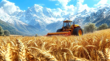Obraz premium Tractor harvesting wheat in a mountainous landscape.