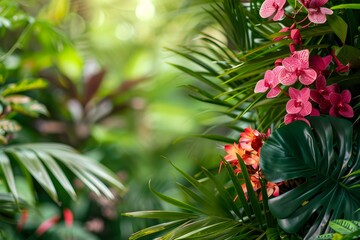 A bunch of pink flowers sitting on top of a lush green forest