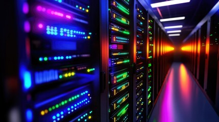 Close Up View of Server Racks with Colorful Lights