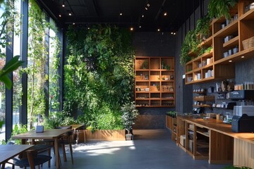 Fototapeta premium Modern Cafe Interior with Green Wall and Wooden Shelving