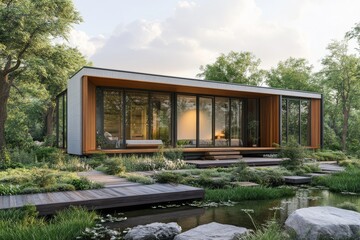 Obraz premium Modern Minimalist House with Pond and Garden Path