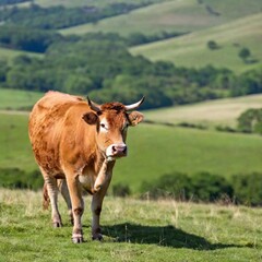 a brown cow grazing in the green pasture in the summer