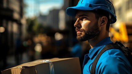 Obraz premium A delivery man in a blue uniform and hard hat walks down the street carrying a package.