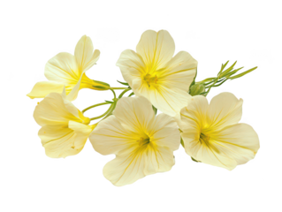Delicate yellow evening primrose flowers in full bloom against a white background.