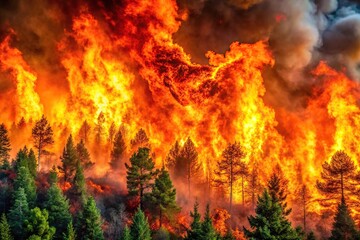 Raging inferno engulfing lush forest in fiery blaze of destruction