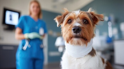 A dog with a bandaged neck sits attentively in a veterinary clinic, with a blurred veterinarian in the background wearing blue scrubs and medical gloves.