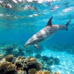 Fototapeta premium A medium shot, ultra-realistic photo of a dolphin swimming near a coral reef, with deep focus on the vivid colors and textures of the coral and the sharp contours of the dolphin as it explores its