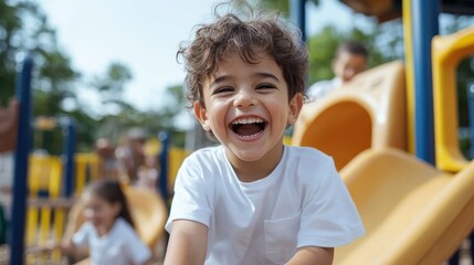 Portrait of a joyful child laughing at a playground slide on a sunny day, capturing the essence of childhood happiness and outdoor fun, surrounded by other kids playing.
