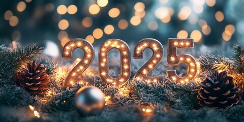 Icy metallic numbers 2025 surrounded by glowing Christmas garlands and holiday decorations.