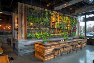 Fototapeta premium Modern Bar Interior Design with Wooden Bar Green Wall and Industrial Lighting