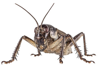 Close-up of a cricket with detailed features, showcasing its antennae and intricate body structure.