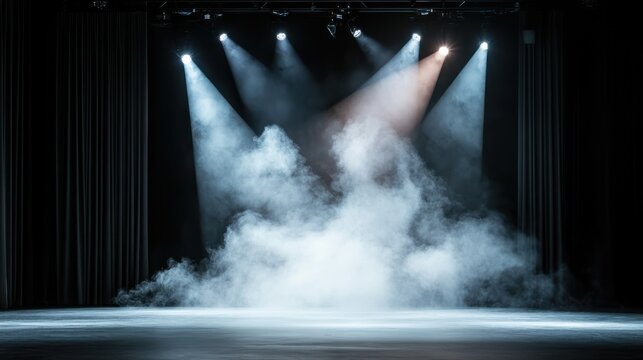 A dimly lit stage immersed in dramatic smoke under the focused beams of bright spotlights, creating a mystical and suspenseful atmosphere for performances.