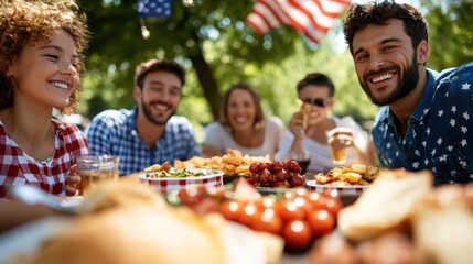 Obraz premium Friends are joyfully sitting around a table filled with salads, burgers, and drinks at a picnic, with the American flag and vibrant decorations enhancing the scene.