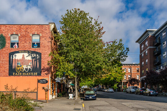 Bellingham, WA, US-September 15, 2024: Street scene in the Fairhaven village neighborhood of the city.