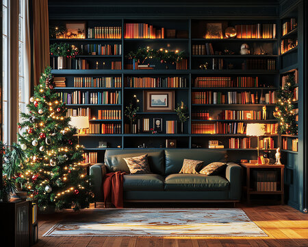 Cozy study with bookshelves, Christmas tree, and soft lighting, intellectual holiday vibe, 3D illustration