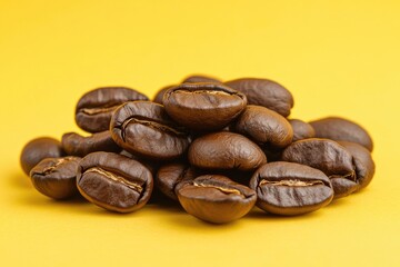 Obraz premium Morning Brew: Close-up Espresso Beans on Vibrant Yellow Background