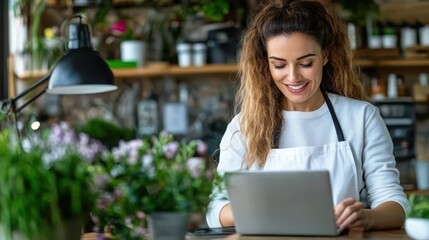 Fototapeta premium A woman, wearing an apron, is working on her laptop in a cozy cafe filled with plants, embodying modern work culture and a serene atmosphere.