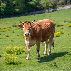 Obraz premium A full shot photo of a cow grazing in a lush green field, deep focus capturing the entire body of the cow from a high angle, showcasing its natural surroundings and the full scope of the pasture