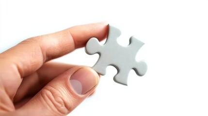 Obraz premium A hand gently holds a single grey puzzle piece, symbolizing the importance of finding the right solution and completing the bigger picture.
