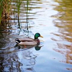Fototapeta premium A full shot of ducks swimming in a pond, with soft focus capturing the serene movement of the ducks while the pond and reeds are softly blurred