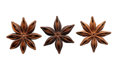 Three brown star shaped spices are shown in a row