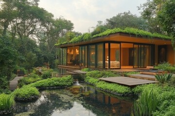 Obraz premium Modern Tropical Villa With Green Roof And Pond