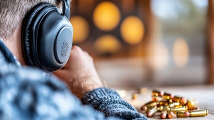 A man with over-ear headphones is positioned near bullets scattered on the surface, capturing the moment of focus in a shooting range environment.