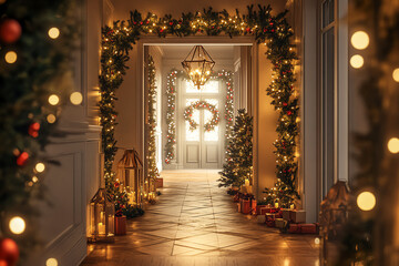 Hallway with Christmas garlands, lights, and festive accents, 3D illustration