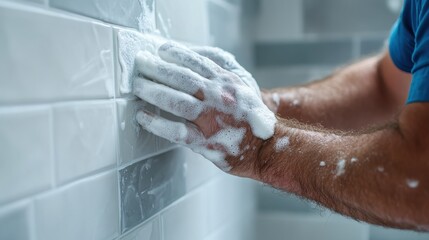 Fototapeta premium A close-up photograph of soapy hands meticulously cleaning a smooth tiled wall surface, reflecting the care and effort in maintaining cleanliness and order.