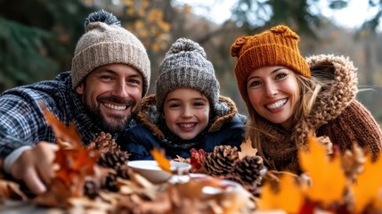 A family of three, dressed in warm clothes with knitted hats, happily enjoying an outdoor picnic surrounded by autumn leaves and pine cones during a sunny fall day.