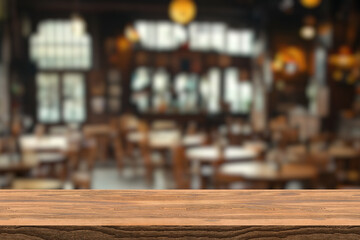 Wood table top in Bar with blur light bokeh in dark night cafe,restaurant background. Lifestyle and celebration concepts ideas