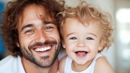 A delightful father and son duo, smiling broadly, in a bright, sunlit room, highlighting familial bonds and shared joy in a day-to-day setting.