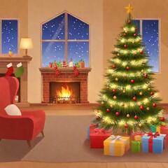 A cozy living room on Christmas Eve, with a decorated tree, stockings by the fireplace, and a family gathering, in a warm cartoon style.