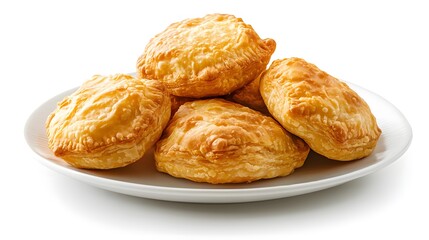 Fototapeta premium Golden flaky pastries on white plate: freshly baked puff pastries for breakfast delight