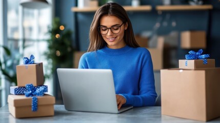 A woman dressed in a blue sweater happily working on her laptop, surrounded by gift boxes wrapped with blue ribbons, portraying a cozy and festive working atmosphere.