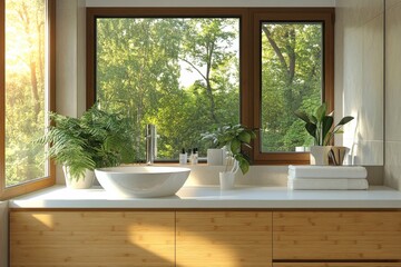 Fototapeta premium Modern Bathroom Vanity with Wooden Cabinet and Window View