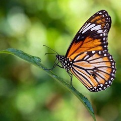 Fototapeta premium A close-up photo of a butterfly with dew drops on its wings in the early morning light, deep focus emphasizing the tiny water droplets and the texture of its wing scales, eye-level shot creating an