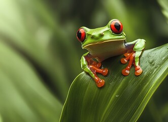 Close-up portrait of a red-eyed tree frog sitting on a leaf.