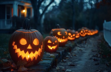 Obraz premium A path with glowing jack-o-lanterns