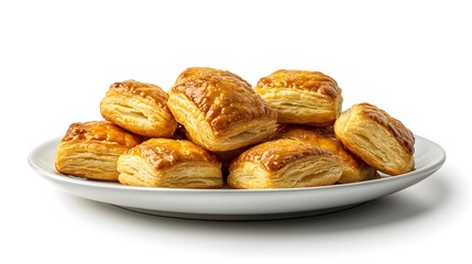 Fototapeta premium Freshly baked puff pastry squares stacked on a white plate with golden flaky layers