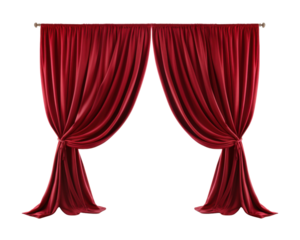 The red curtains are hanging open, revealing a white background