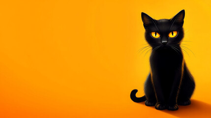 A black cat with yellow eyes against a on orange background.