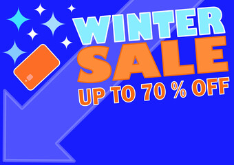 Banner, winter sale, up to seventy percent off, blue background.