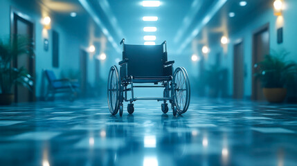 Obraz premium A sleek blue wheelchair sits in the middle of a hospital hallway, well-lit with modern surroundings, representing mobility and accessibility