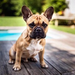 Obraz premium A French Bulldog puppy sitting on a wooden deck, with soft focus creating a dreamy effect on the sunlit water of a backyard pool in the background