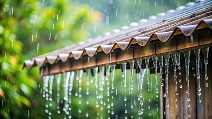 Raindrops dripping from tin roof during monsoon season